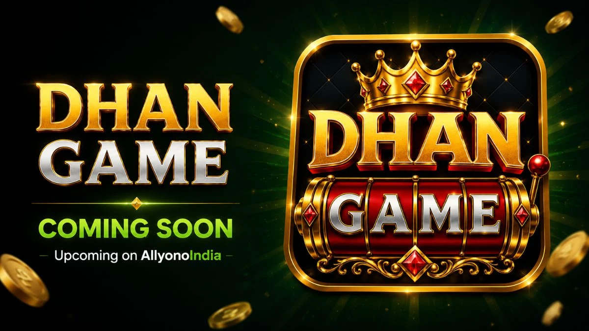 DhanGame coming soon banner for All Yono India showing the game logo, crown and slot-reel branding, and a coming soon label